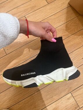 Balenciaga Black Knit Sock Sneaker with Neon Yellow Sole Accents